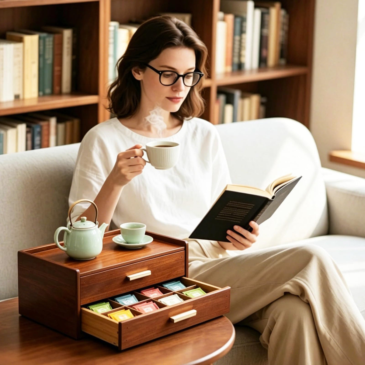 Wood Tea Bag Organizer with Mat Wood Tea Storage Bag Double