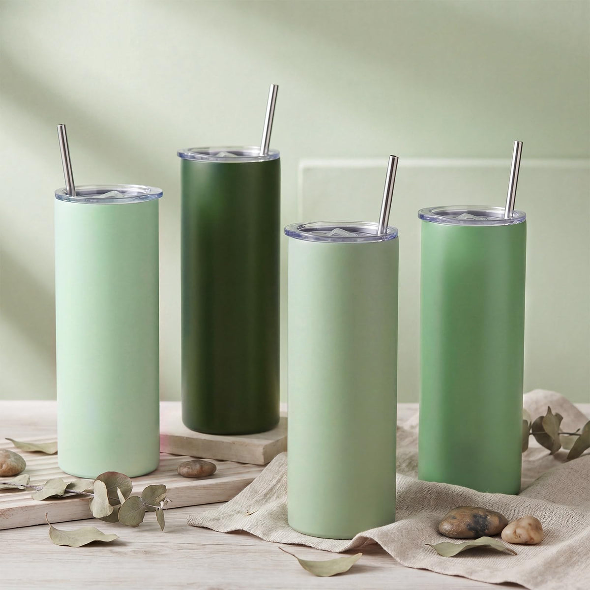 8 Pcs Sage Green Tumbler 20oz Travel Coffee Mugs with Lid and Straw Insulated Stainless Steel Tumblers Double Wall Vacuum Skinny Water Bottle for Coffee Beverage Hot & Iced Drinks (8 Count)
