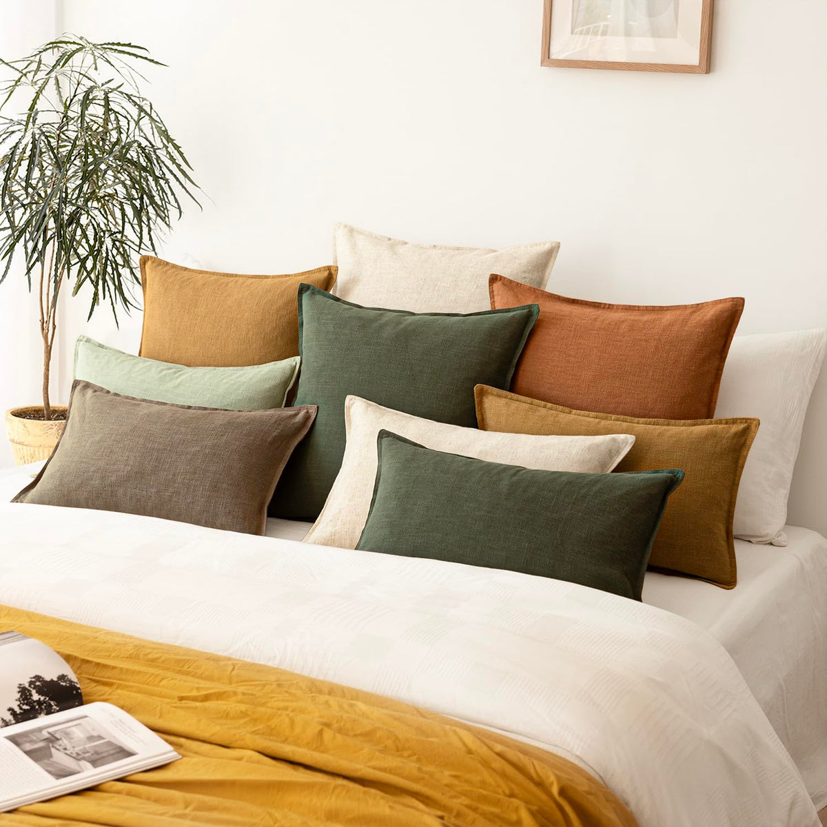 Pack of 2 Decorative Linen Solid Throw Pillow Covers Soft Accent Cushion Case Farmhouse Neutral Pillowcase for Chair Couch Sofa Bedroom Living Room Home Decor 24 x 24 Inch Dark Olive Green (2 Count)