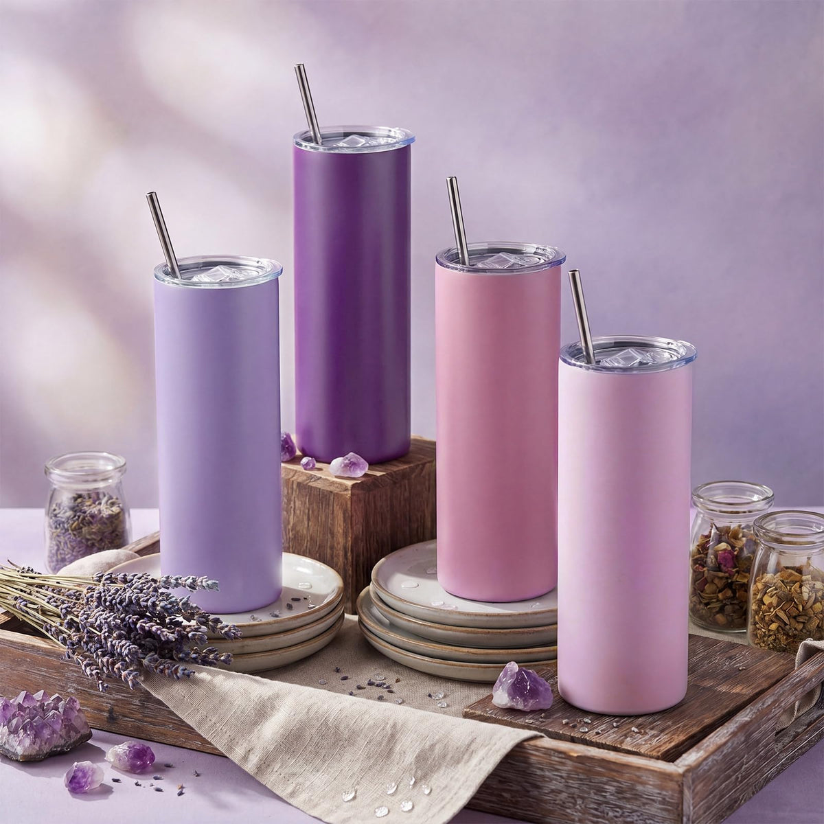 8 Pcs Purple Tumbler 20oz Travel Coffee Mugs with Lid and Straw Insulated Stainless Steel Tumblers Double Wall Vacuum Skinny Water Bottle for Coffee Beverage Hot & Iced Drinks (8 Count)