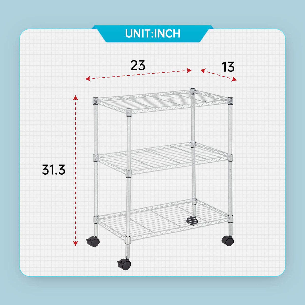 3 Tier Wire Shelving Metal Storage Shelves 23L x 13W x 32H Layer Storage Shelves with Wheels for Kitchen Garage Small Places