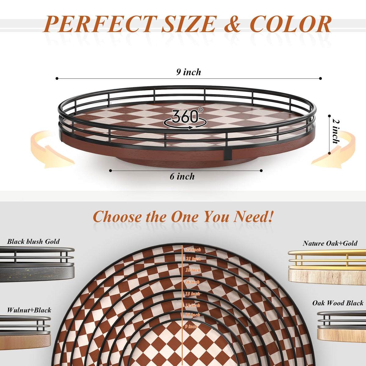 9 Inch Brown Checkerboard Lazy Susan Organizer with Black Metal Rail