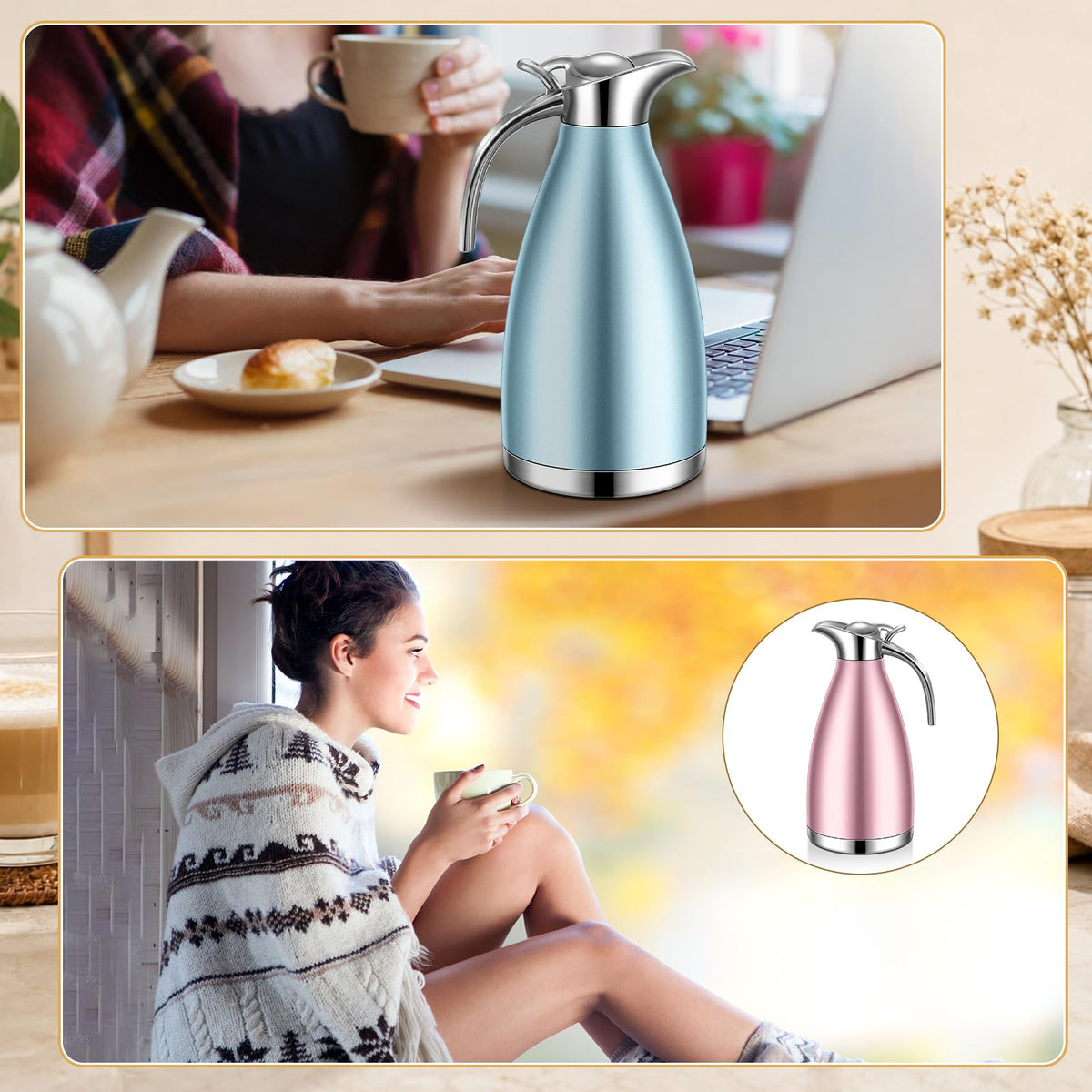 2 Pcs 68 oz Thermal Coffee Carafe Insulated Stainless Steel Coffee Carafe for Hot Liquids Vacuum Thermal Pot Creamer Dispenser with Brushes Keeping Hot Tea Milk Water