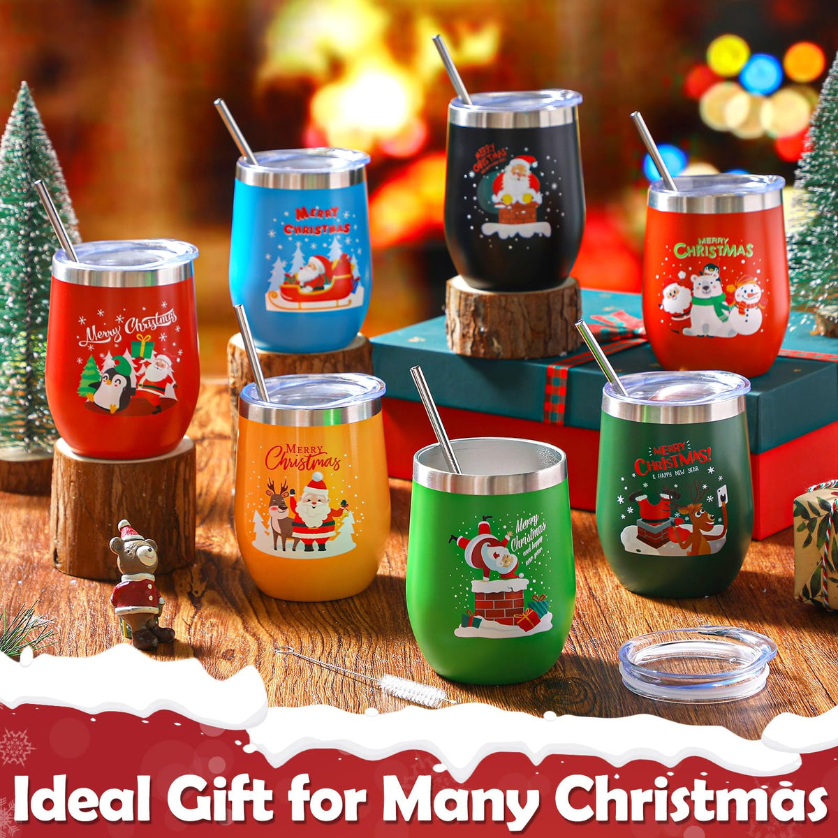 7 Set Christmas Wine Tumbler with Lid Straw Brush (7 Count)