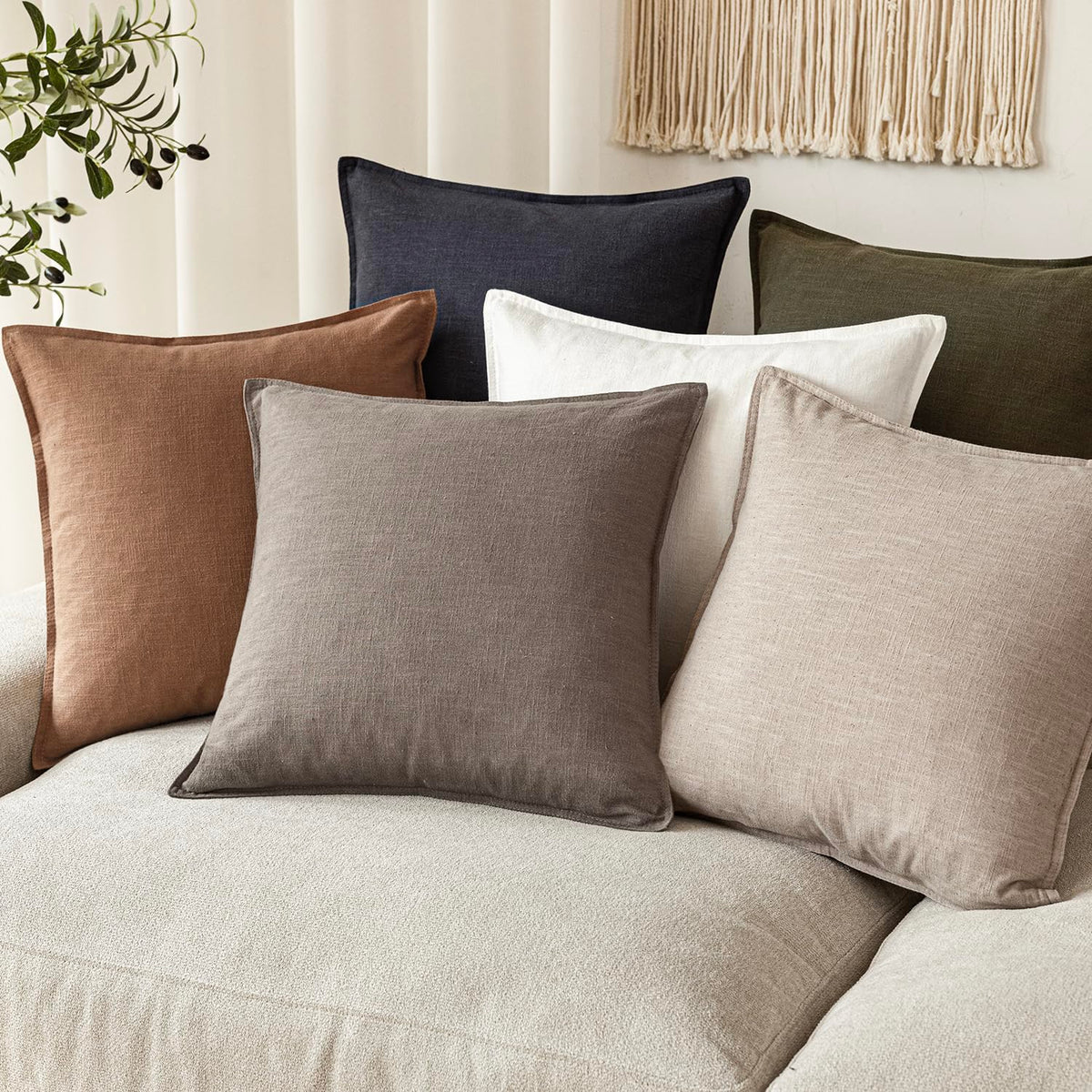 Set of 2 Decorative Linen Solid Throw Pillow Covers Soft Accent Euro Cushion Case Farmhouse Neutral Pillowcase for Chair Couch Sofa Bedroom Living Room Home Decor 16 x 16 Inch Brown Tan (2 Count)