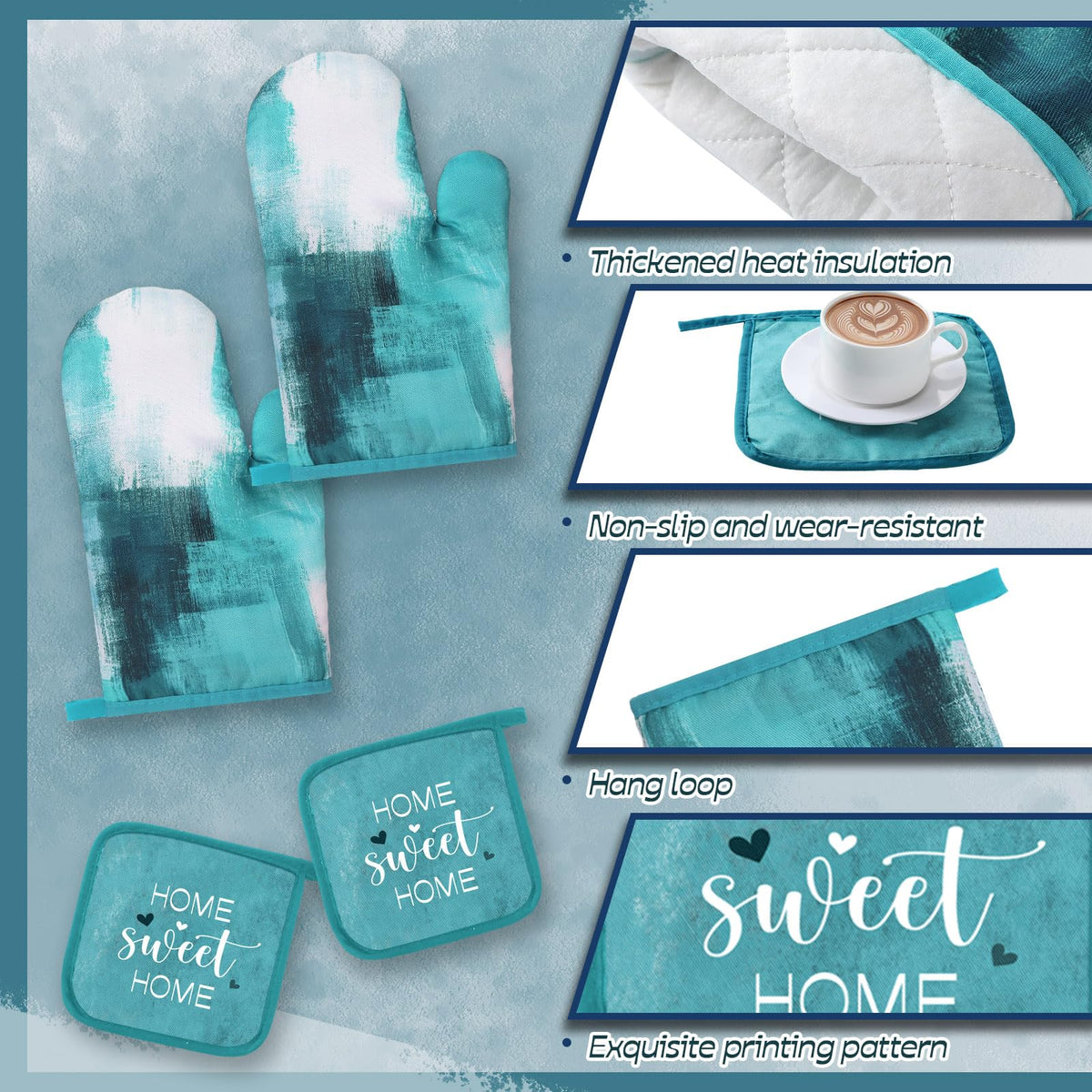 16 Pcs Turquoise Kitchen Decor and Accessories Set 4 Teal Abstract Area Kitchen Towels 2 Non Slip Rugs and Mats 2 Modern Grey Oven Mitts 2 Pot Holders 4 Placemats 2 Curtains for Home Decoration Gift (16 Count)