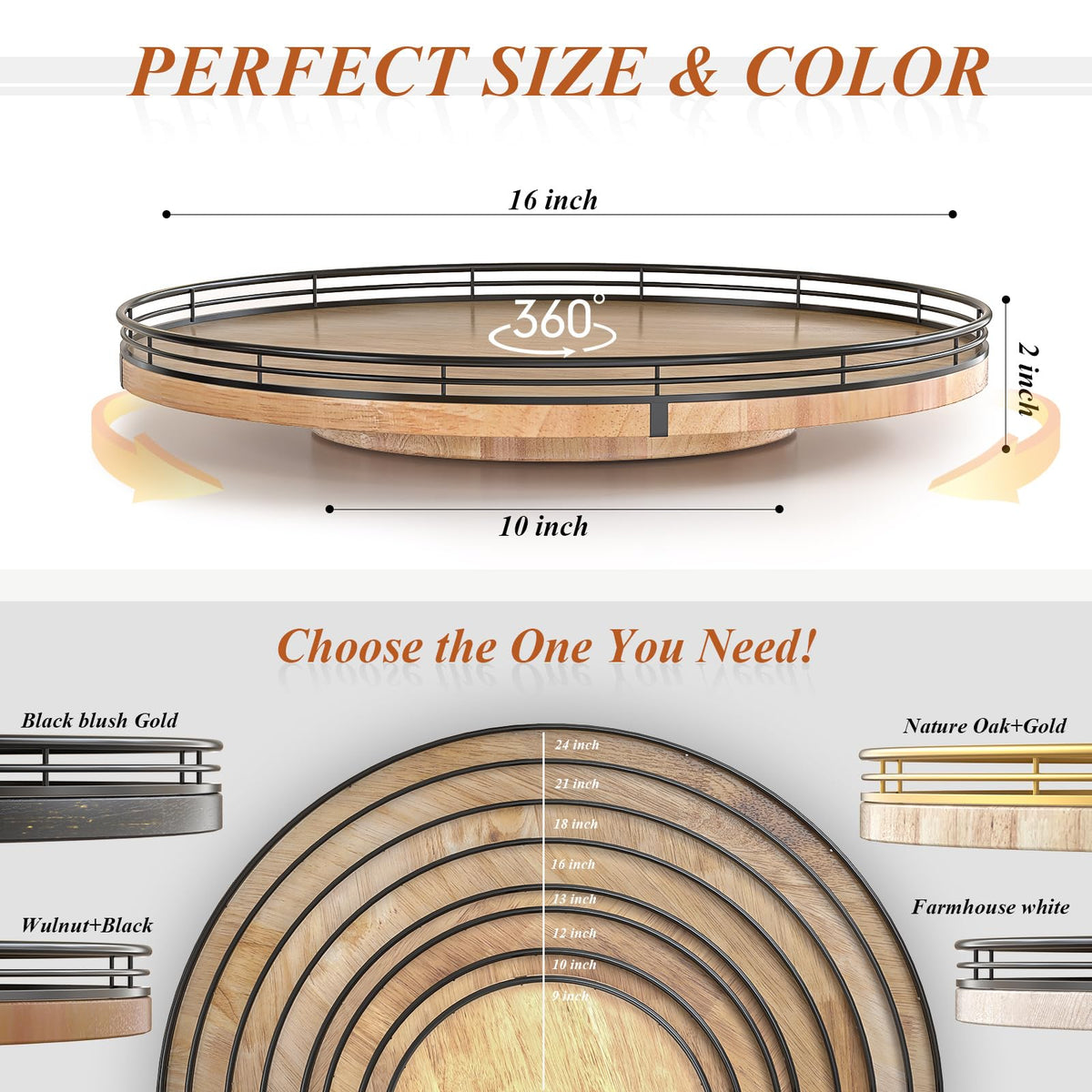 16 Inch Farmhouse Oak Lazy Susan Organizer for Table and Cabinet