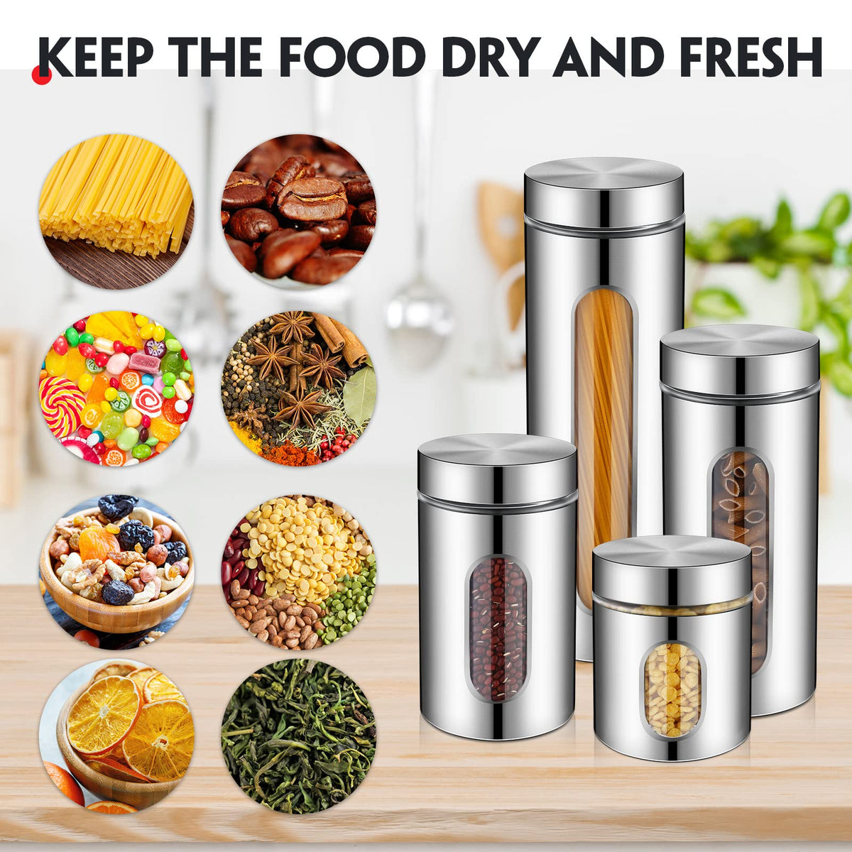 8 Pcs Kitchen Canister Set Stainless Steel Nested Canister Storage Set with Glass Window Airtight Lid Coffee Sugar Tea Storage Jars for Flour Pasta Cookies Spices Grains