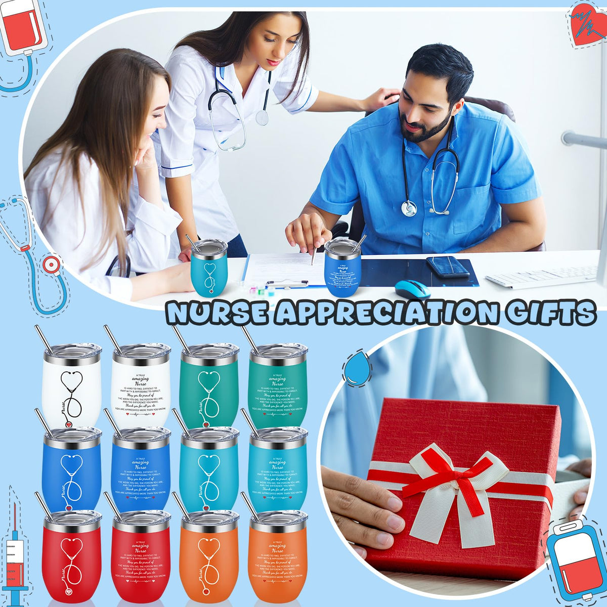 Nurse Week Gifts for Women Nursing Appreciation 12 oz Stainless Steel Wine Tumbler with Lid Insulated Coffee Mug Thank You Gift for CNA RN Students Graduation School (6 Count)