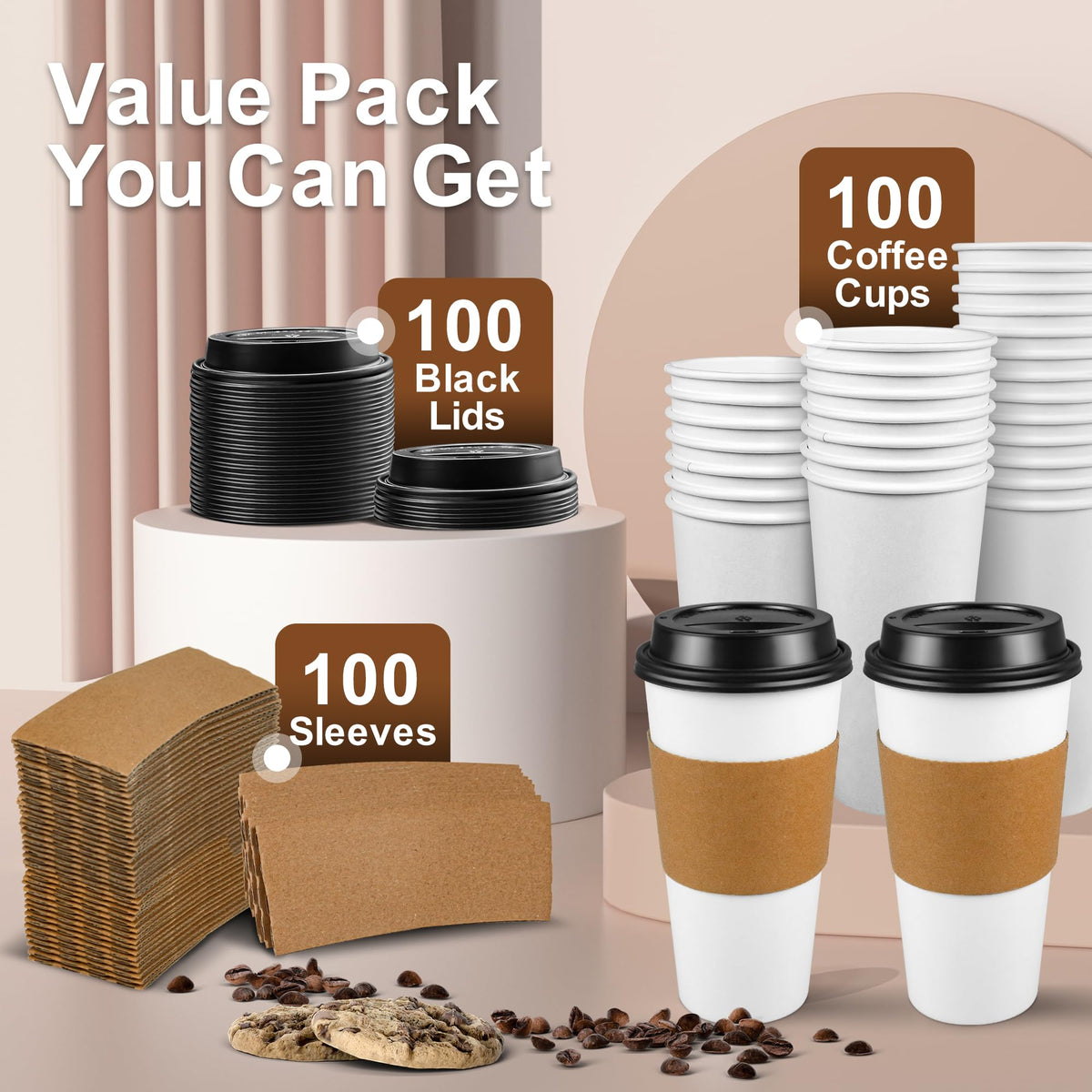 100 Pack 20 oz Disposable Coffee Cups with Lids and Sleeves (100 Count)
