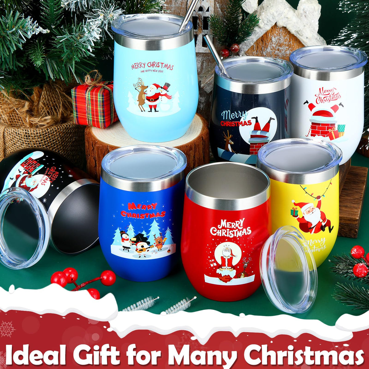 7 Set Christmas Wine Tumbler with Lid Straw Brush (9 Count)