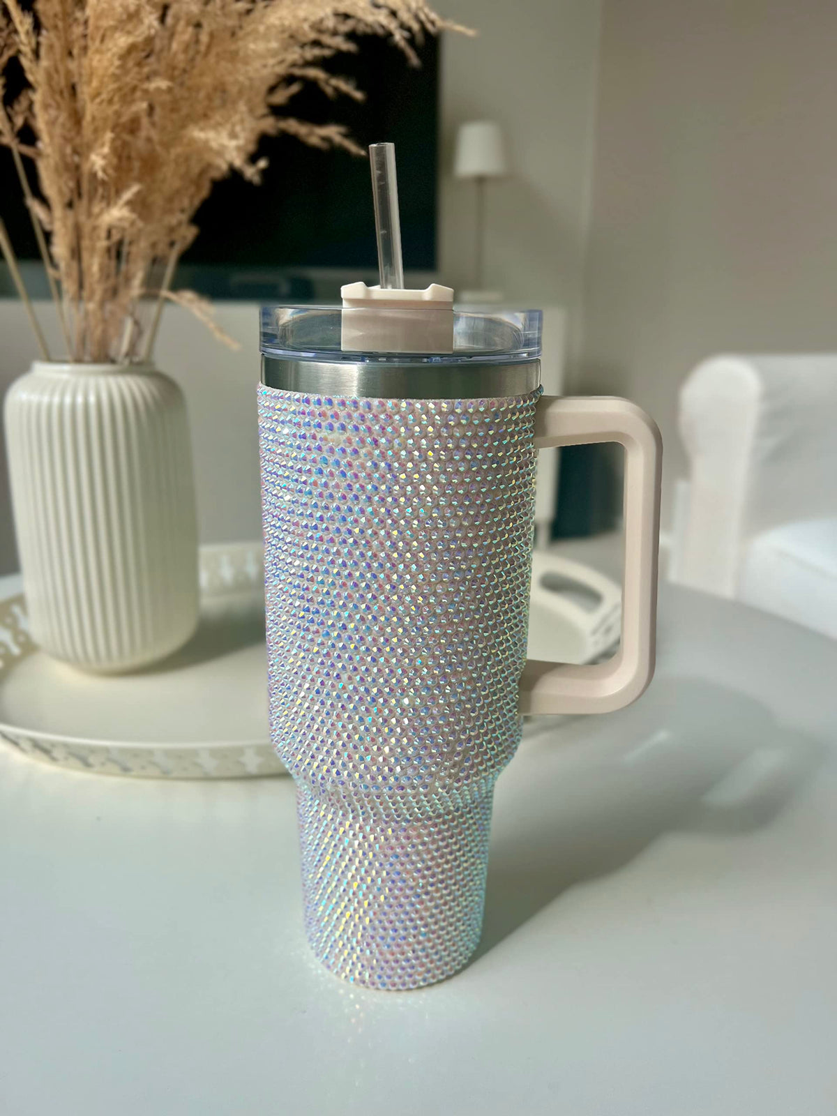 40 Oz Rhinestone Tumbler with Handle and Flip Straw