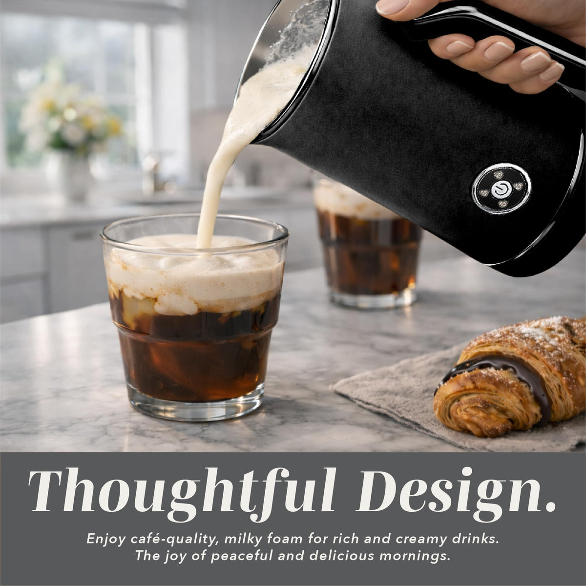 4-in-1 Electric Milk Steamer and Frother - 2-Minute Heating and Frothing, Hot and Cold Foam Maker for Coffee, Latte, Cappuccino, Macchiato, Milk Warmer, Auto Shut Off, Black