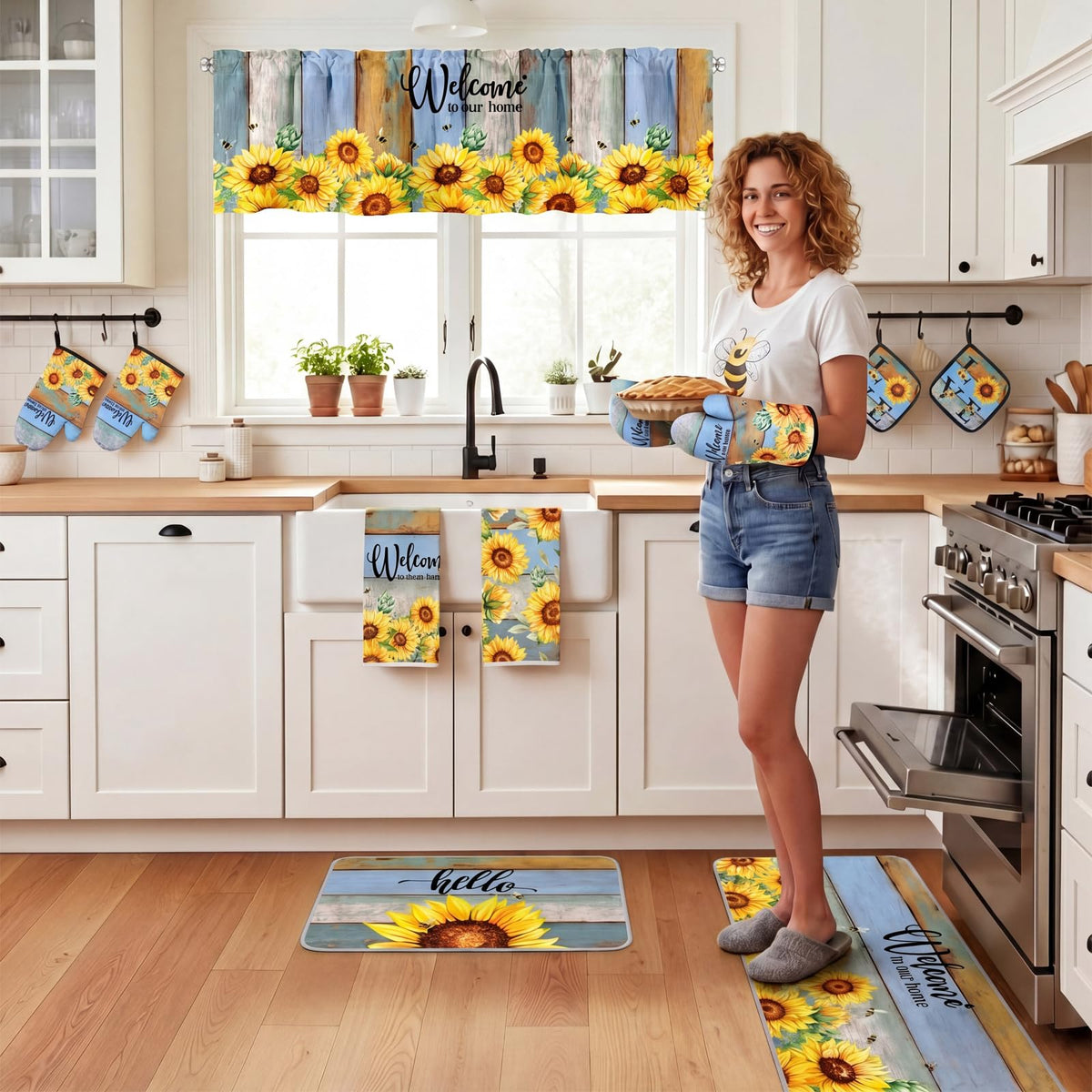 16 Pcs Sunflower Kitchen Decor Set Kitchen Towels Non Slip Rugs and Mats Oven Mitts Gloves Pot Holders Placemats Curtains for Decor Gift (16 Count)