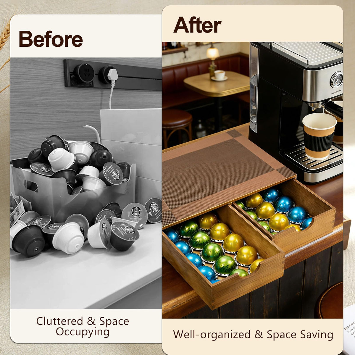 Wooden K Cup Organizer with Drawer & Mat
