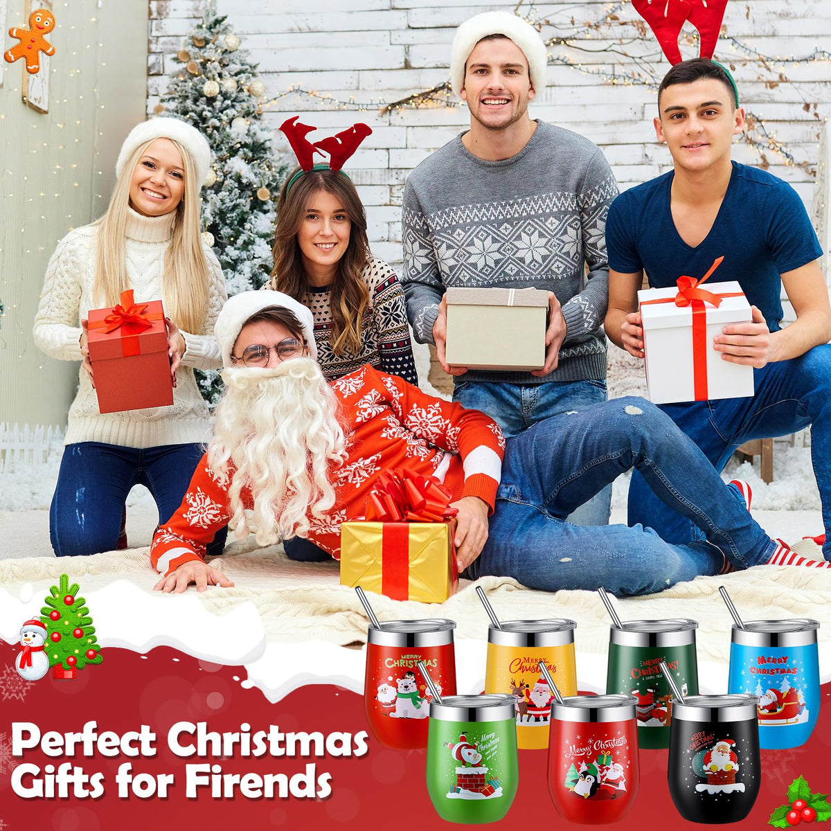 7 Set Christmas Wine Tumbler with Lid Straw Brush (7 Count)