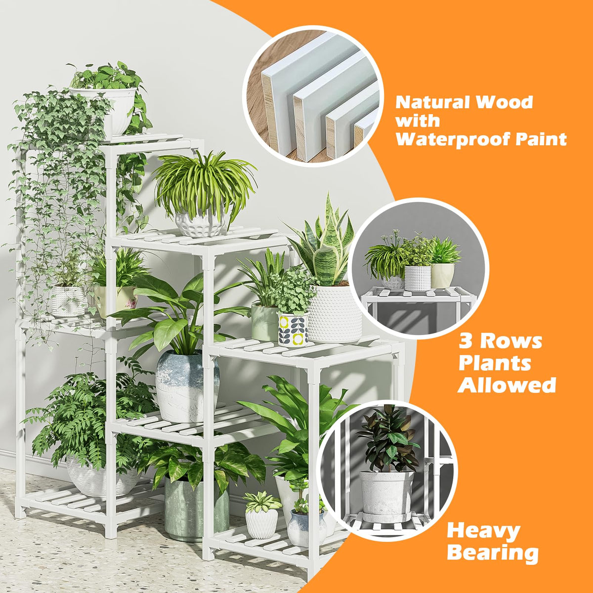 Indoor Plant Stand Outdoor White Shelf Bamboo Plant Table for Multiple Plants 3 Tiers 7 Pots Ladder Holder Pot Window Garden Balcony Living Room