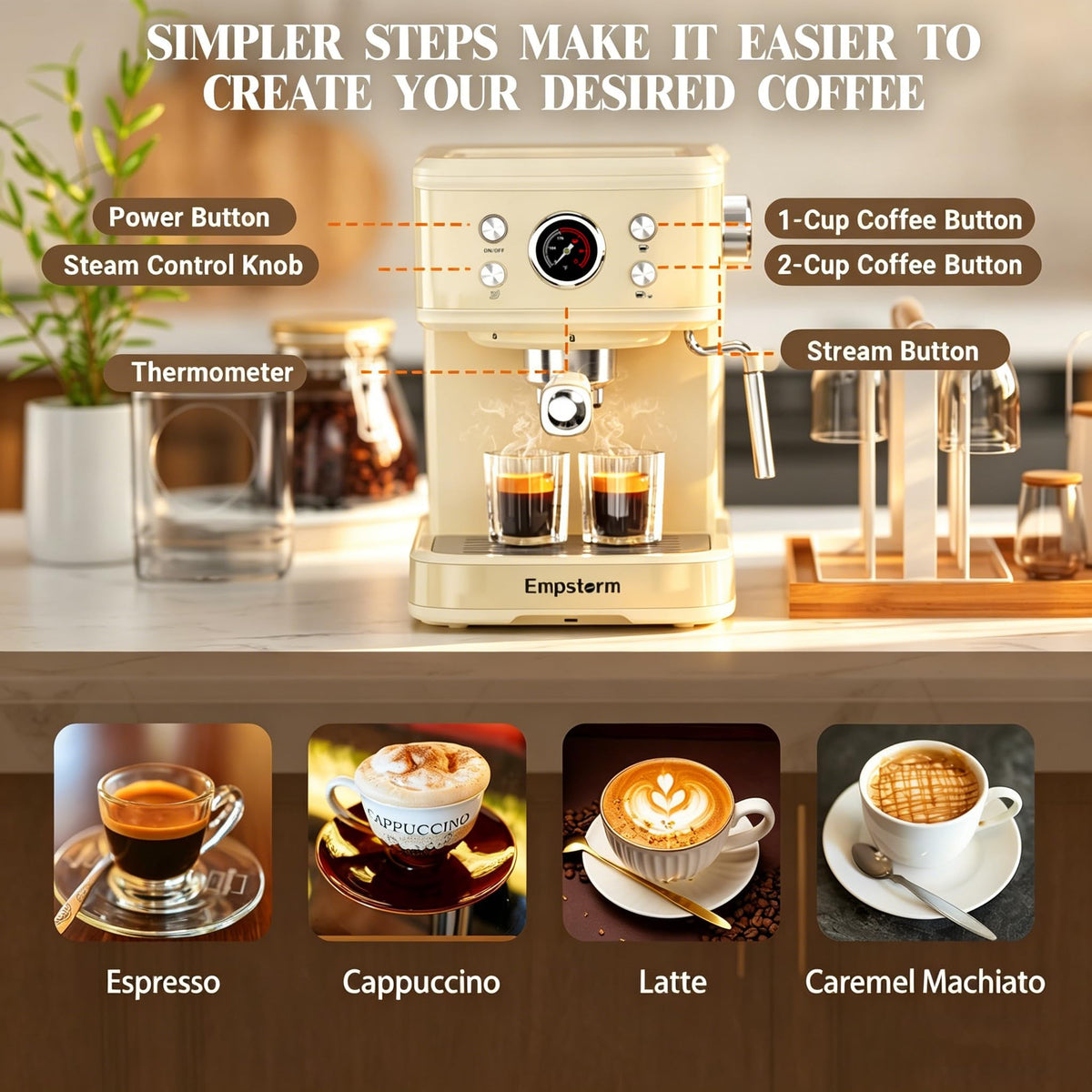 04E 20 Bar Espresso Machine with Milk Frother Steam 1100W Cream white