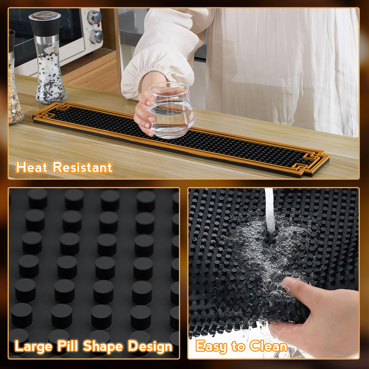 4 Pcs 24 x 4 Inch Bar Mat Non Slip Rubber Mat with Gold Border Durable Stylish Spill Cocktail Service Coffee Mats for Restaurants Barbershop Clippers Bartending (4 Count)