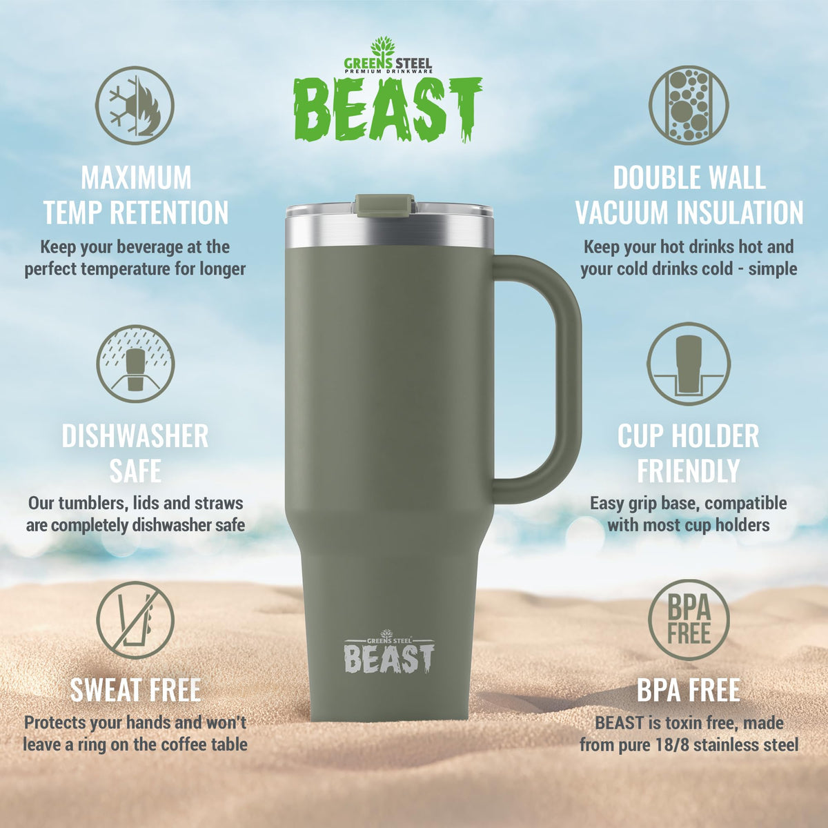 Beast 42 oz Tumbler with Handle Stainless Steel Vacuum Insulated Coffee Ice Cup Double Wall Travel Flask
