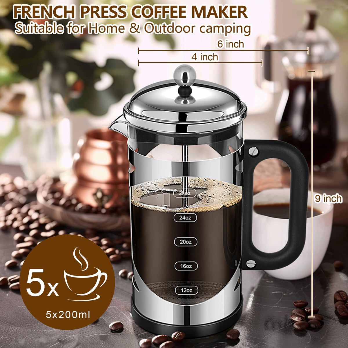 34 Ounce French Press Coffee Maker Chromium Stainless Steel Coffee Press