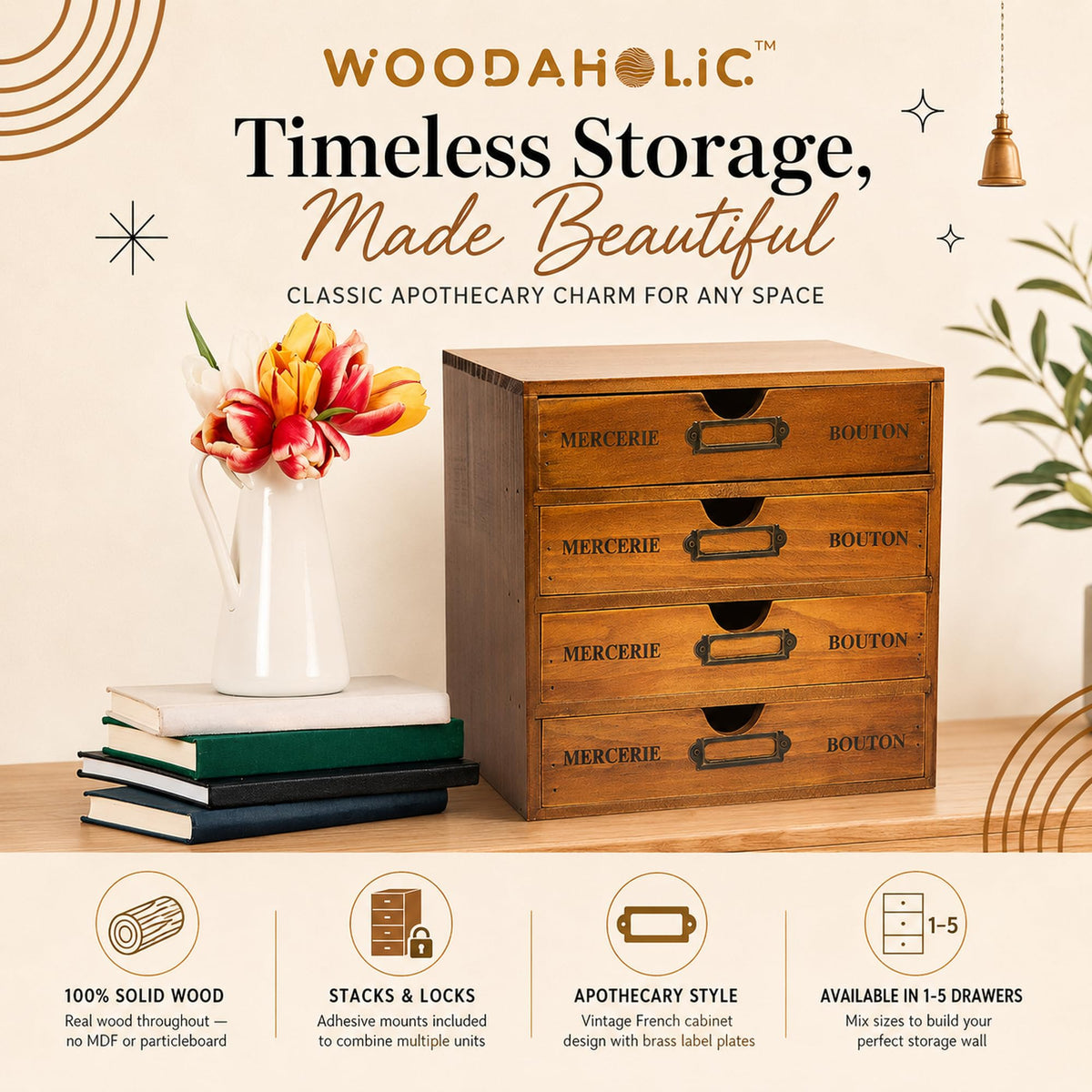 Modular Stackable Apothecary Cabinet 4 Drawer Desk Organizer
