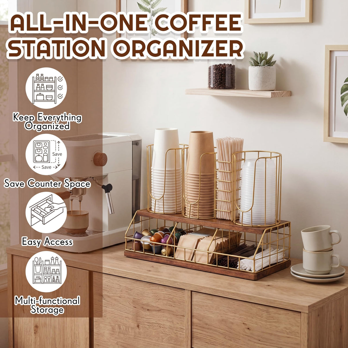 18oz Adjustable Coffee Cup Dispenser with Wooden Base