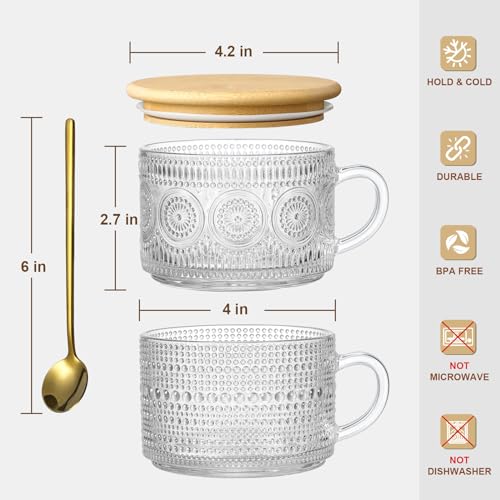 6 Pack 14oz Vintage Glass Coffee Mugs with Bamboo Lids and Spoons (6 Count)