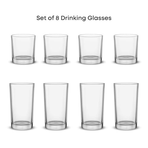 Alain Drinking Glasses Set of 8 Glass Tumblers. Highball 14oz Bar Glasses and Lowball 10oz Rocks Glasses Set. Cocktail (8 Count)