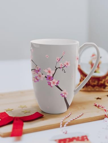 Tea Cup with Infuser and Lid for Steeping Loose Leaf Tea Bag Coffee Milk Women Office Home Gift 16oz Peach Blossoms