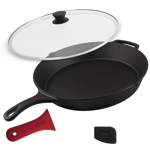 15" Cast Iron Skillet + Glass Lid Cover + Pan Scraper + Heat