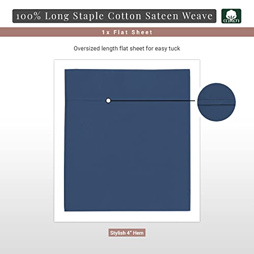 100% Cotton Twin XL Flat Sheet 400 Thread Count Deep Blue
