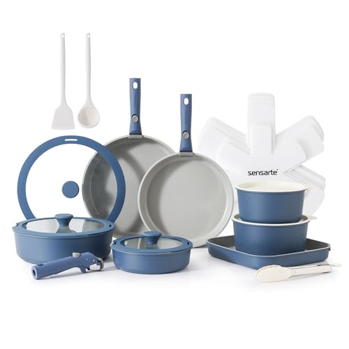 24 Piece Ceramic Detachable Handle Pots and Pans Set Navy