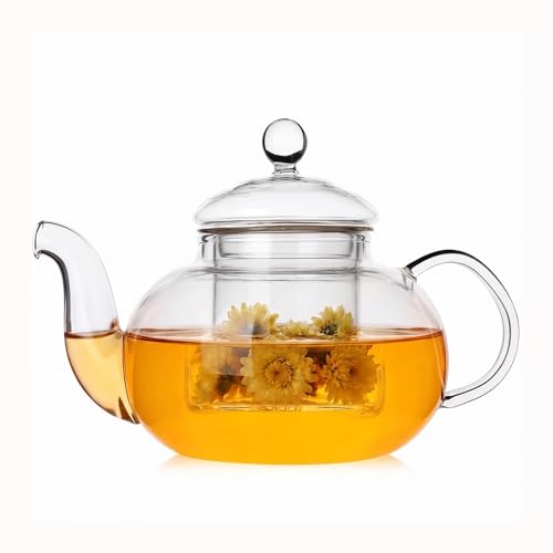 800ml(27oz) Borosilicate Glass Teapot with Removable Glass Infuser, Stovetop Safe Clear Tea Kettle for Blooming Tea & Loose Leaf Tea