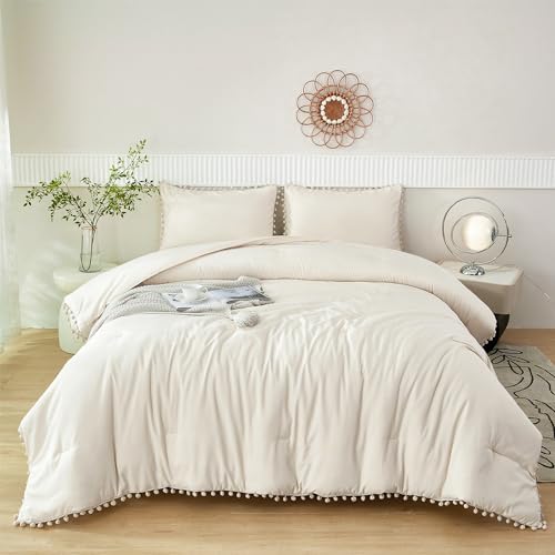 Girls Comforter Set Twin Size Beige Cream 5 Pieces Boho Pom Pom Bed in A Bag with Sheets Ultra Soft Lightweight Fluffy Beige Solid Bedding Set Matching 2 Pillowcases