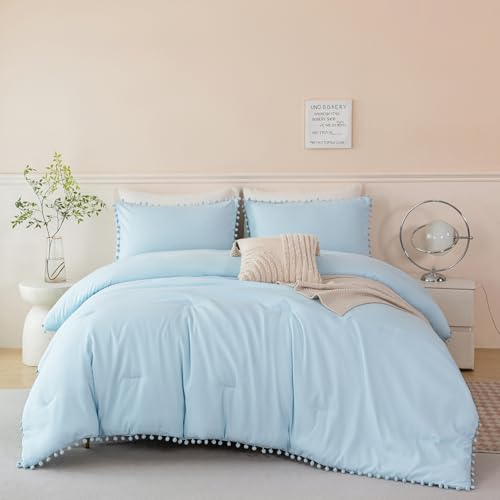 5 Pieces Twin Bedding Sets Light Blue Pom Pom Comforter Set for Girls Boys Soft Fluffy Solid Boho Bed in A Bag with Comforter and Sheets