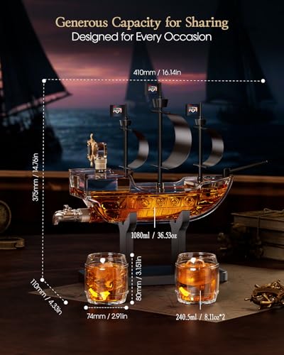 Pirate Ship Whiskey Decanter Gift Set with 2 Glasses