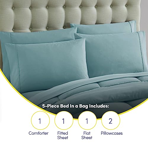 5 Piece Comforter Set Bag Solid Color All Season Soft Down Alternative Blanket & Luxurious Microfiber Bed Sheets