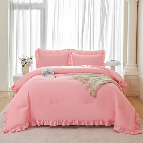 5 Pieces Ruffle Full Bed in A Bag Coral Pink Bedding Comforter Set