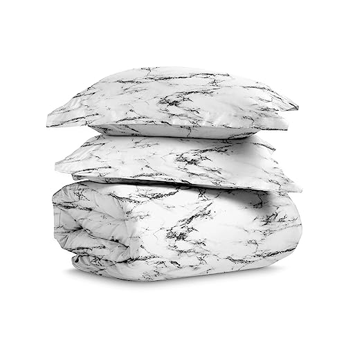 100% Cotton Marble Print Full Duvet Cover Set 400TC White