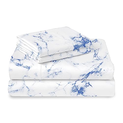 100% Cotton Carrara Marble Print Twin XL Sheets Set 400TC Blue