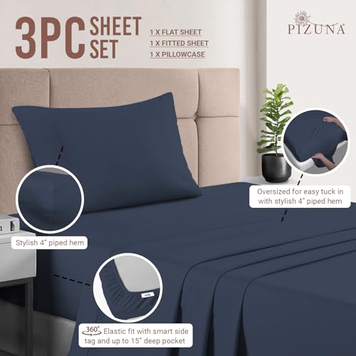 100% Cotton Sheets Set Twin XL 400 Thread Count Dark Blue