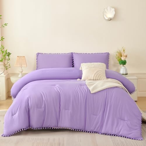 5 Pieces Queen Bed in a Bag Light Purple Pom Pom Comforter Sets Cozy Fluffy Boho Bedding Set for Girls Soft Microfiber Solid Bedding Comforter Set with Sheets
