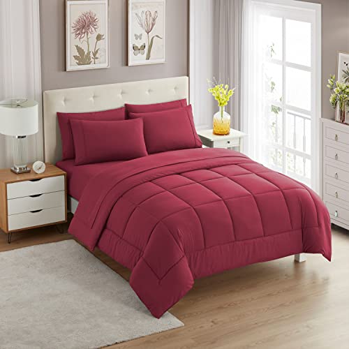 7 Piece Comforter Set Bag Solid Color All Season Soft Down Alternative Blanket & Luxurious Microfiber Bed Sheets (7 Count)