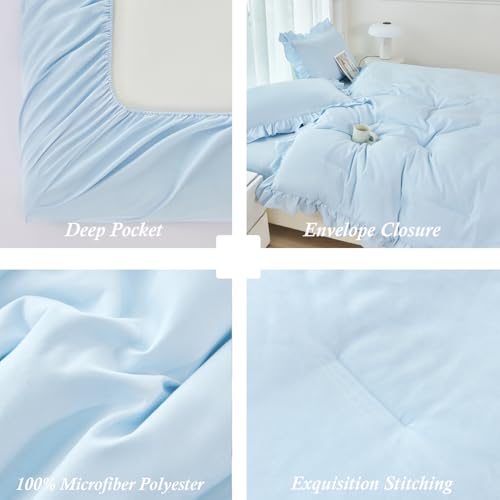 5Pcs Blue King Size Comforter Sets Ruffled Bed in A Bag
