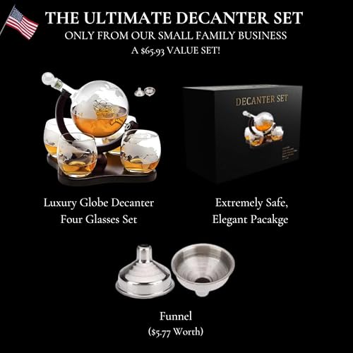 Whiskey Decanter Globe Set with 4 Etched Globe Whisky Glasses Gifts For Men Dad