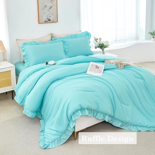 Aqua Blue Twin Size Comforter Sets for Teens Girls 5 Pieces Ruffle Bed in A Bag with Sheets Solid Elegance Bedding Comforter Sets for All Season