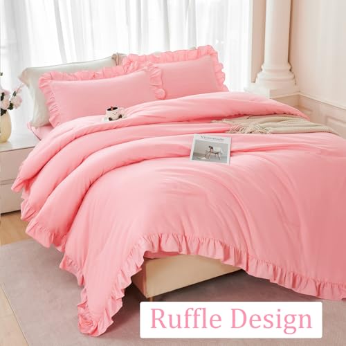 5 Pieces Ruffle Full Bed in A Bag Coral Pink Bedding Comforter Set