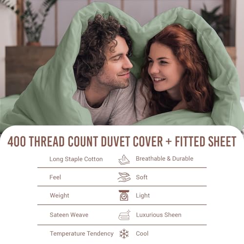 100% Cotton King Duvet Cover Set + Fitted Sheet 400TC Sea Foam