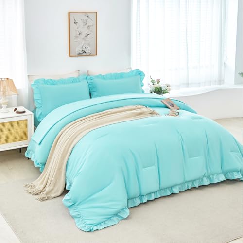 Aqua Blue Twin Size Comforter Sets for Teens Girls 5 Pieces Ruffle Bed in A Bag with Sheets Solid Elegance Bedding Comforter Sets for All Season